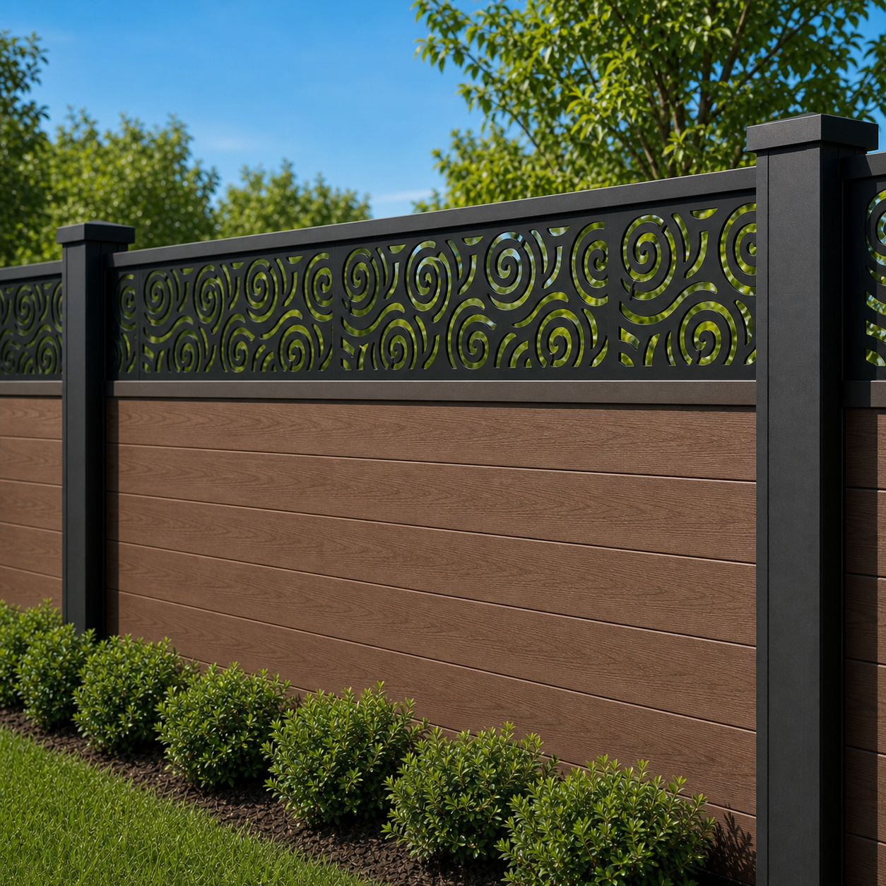 Spiral Wave Rail laser cut fence extension panel installed on composite fence, angle view, Design 057