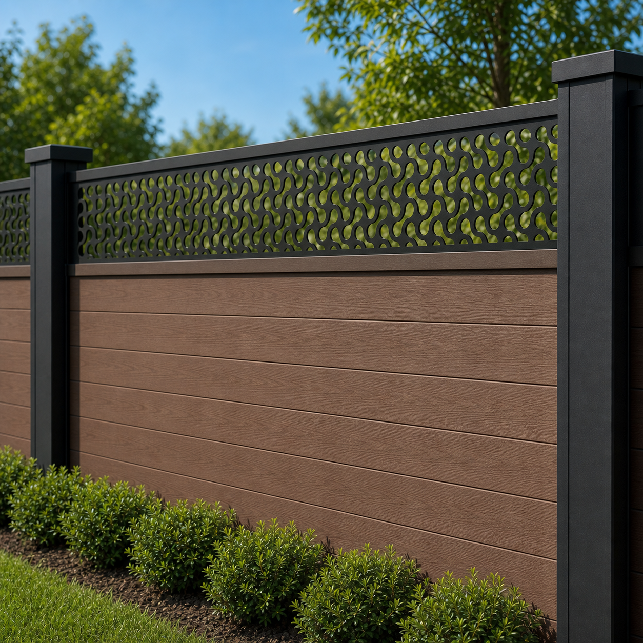 Fine Dot Lattice laser cut fence extension panel installed on composite fence, angle view, Design 058