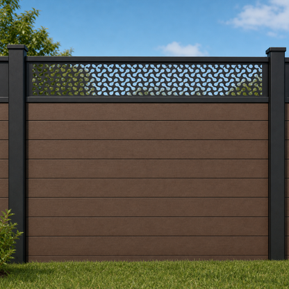 Fine Dot Lattice metal fence topper installed above WPC composite privacy fence, front view, Design 058