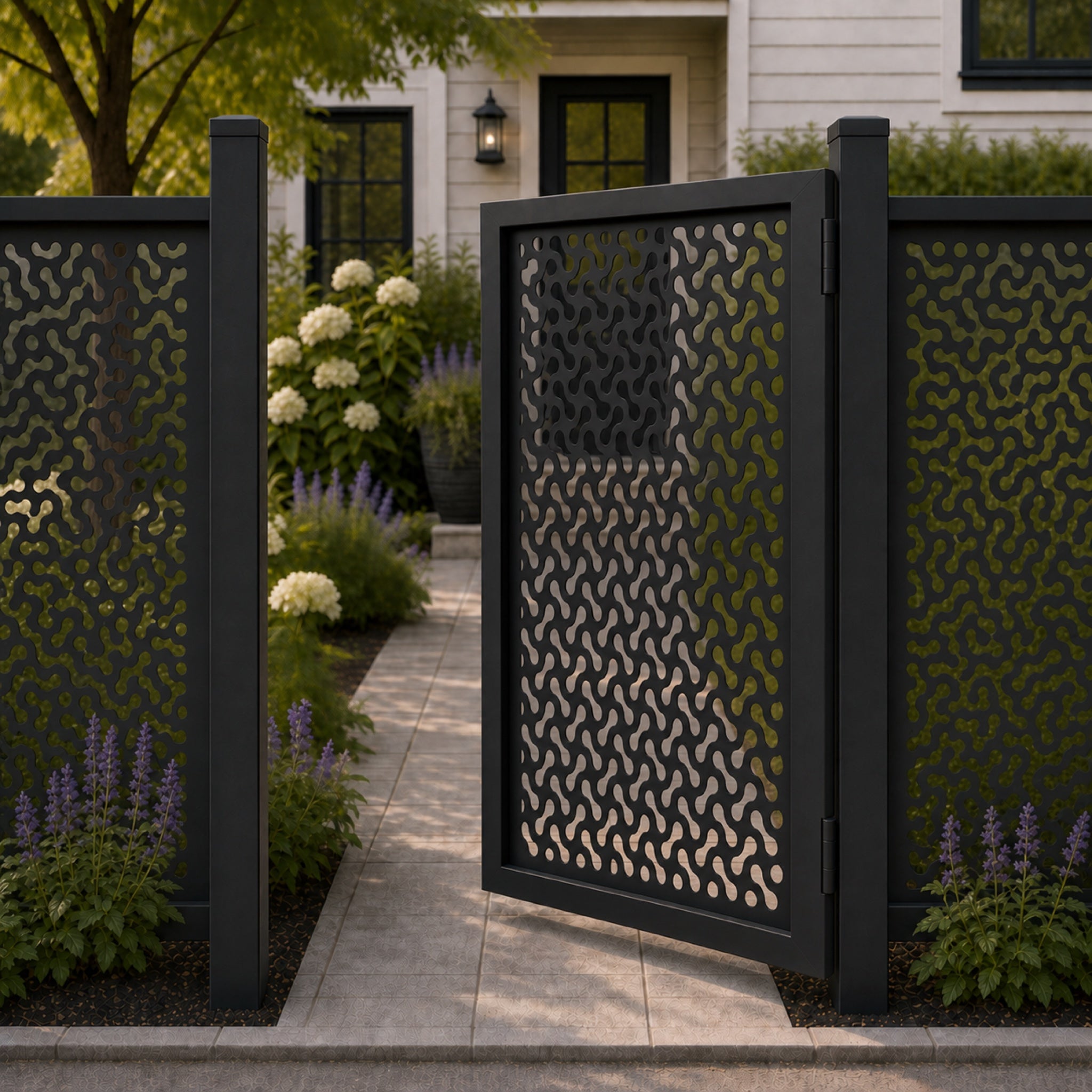 Design 058 round end chain link black aluminium side gate open view