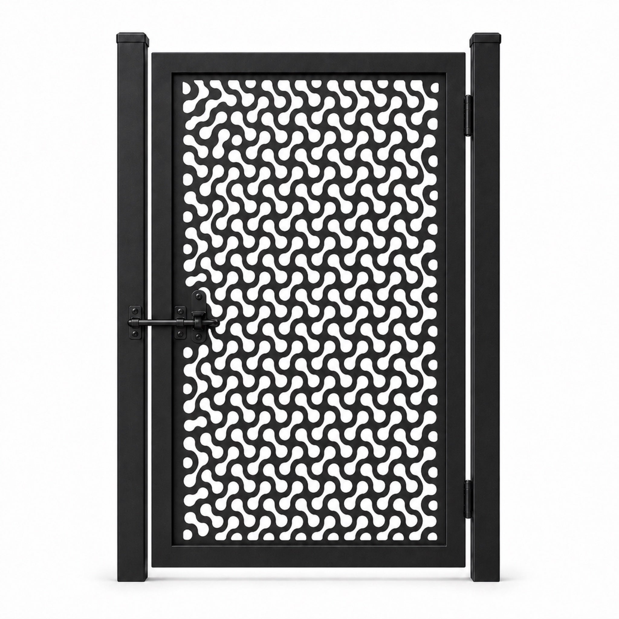 Design 058 round end chain link black laser cut metal pedestrian gate closed view