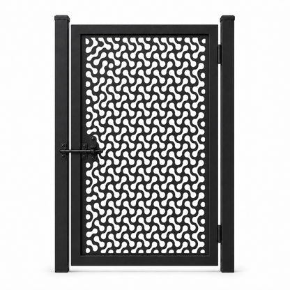 Design 058 round end chain link black laser cut metal pedestrian gate closed view