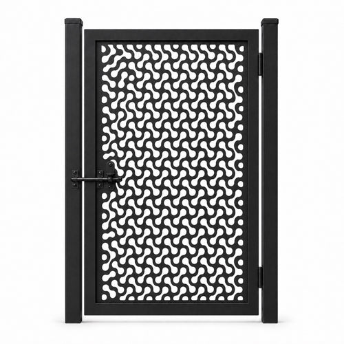 Design 058 round end chain link black laser cut metal pedestrian gate closed view