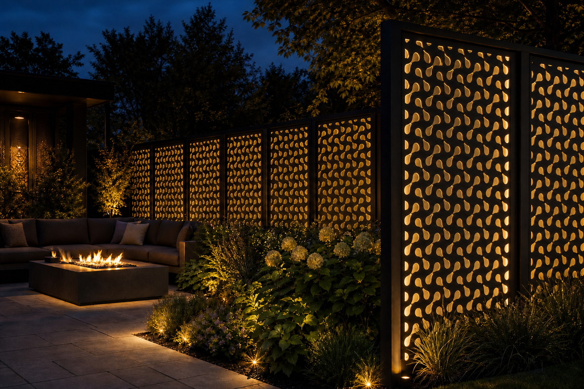 Design 058 Small Wavy Mesh Laser Cut Metal Privacy Screen Panel installed garden night lighting view