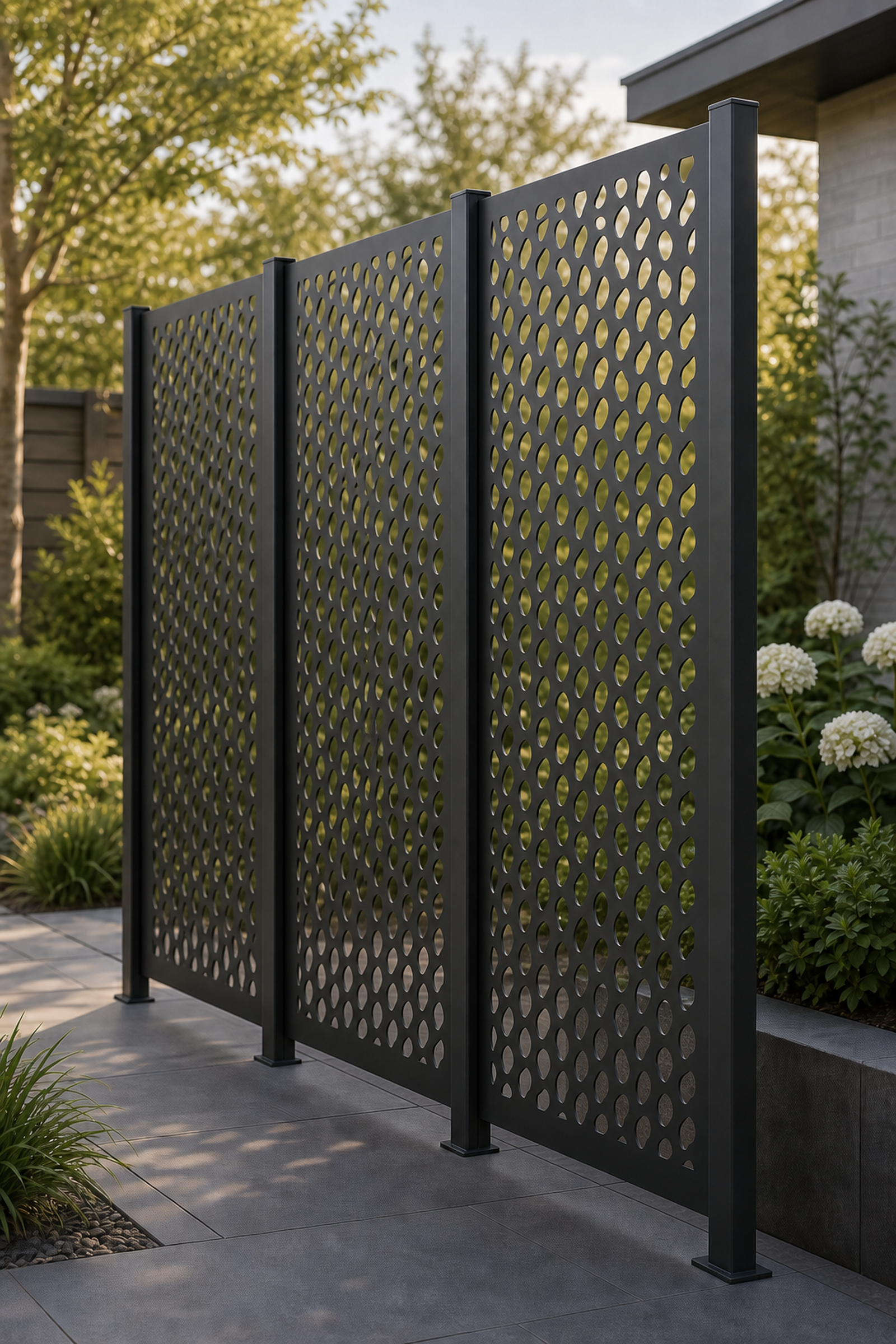 Design 058 Small Wavy Mesh Laser Cut Metal Privacy Screen Panel oblique angle view