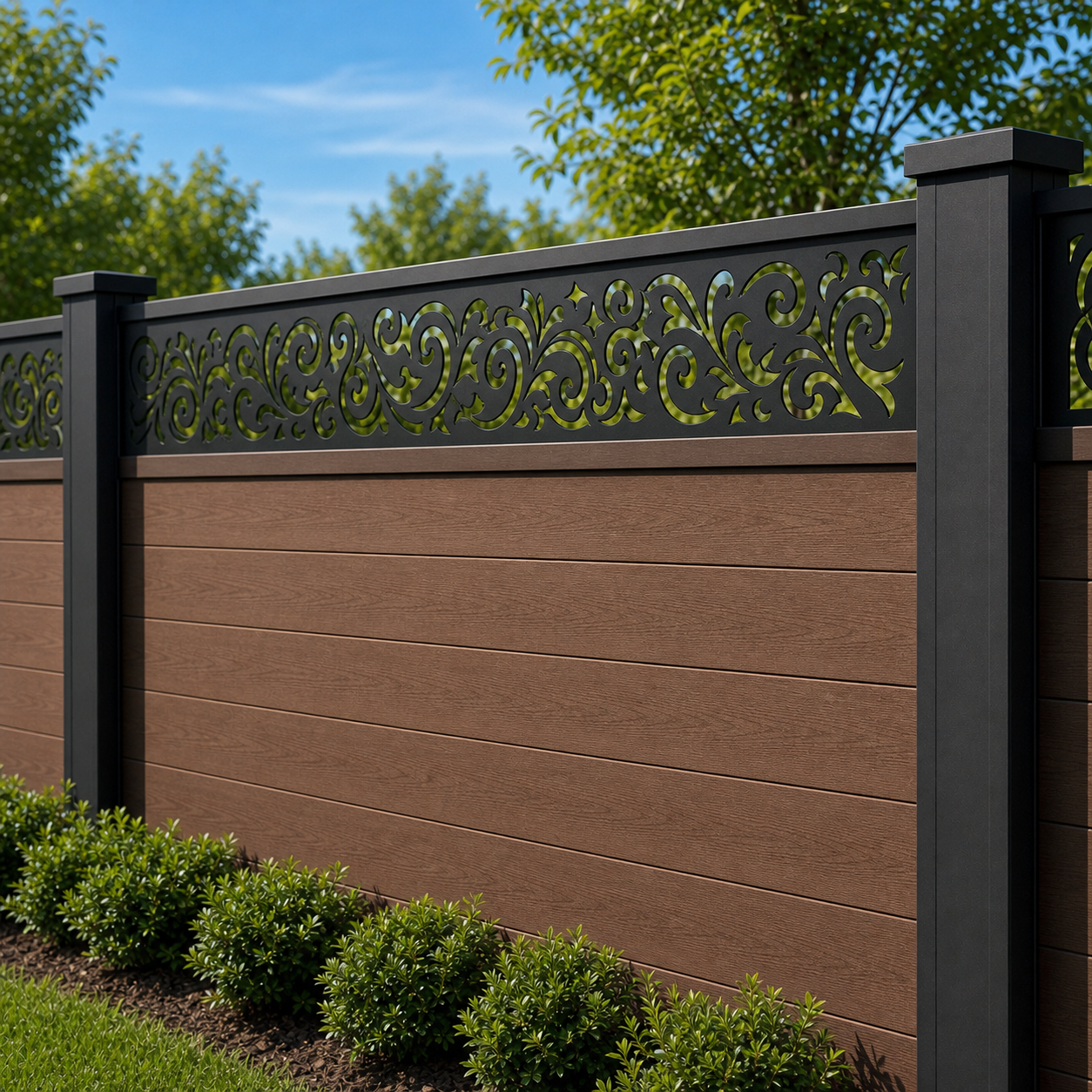 Classic Scroll Vine laser cut fence extension panel installed on composite fence, angle view, Design 059