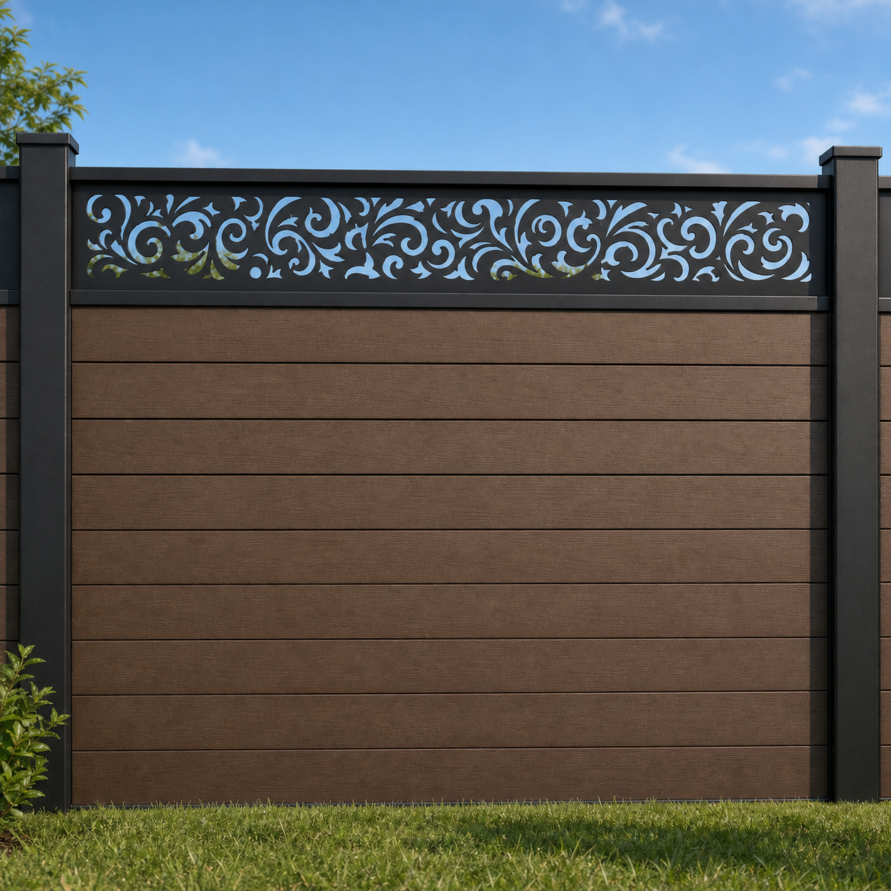 Classic Scroll Vine metal fence topper installed above WPC composite privacy fence, front view, Design 059