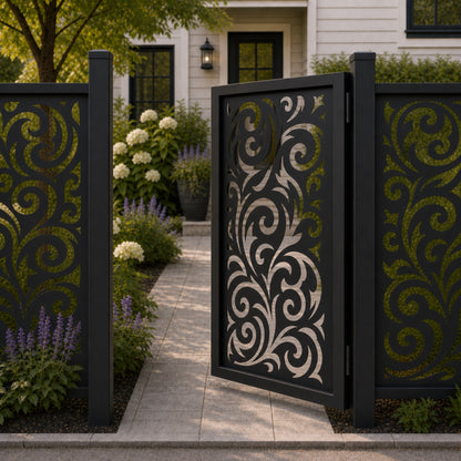 Design 059 large scroll flame leaf black aluminium side gate open view