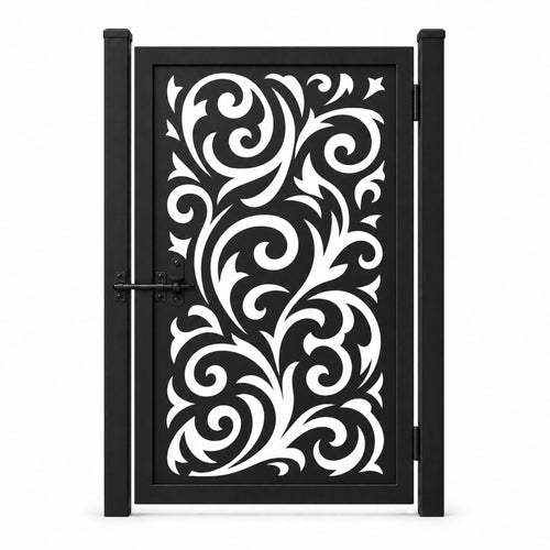 Design 059 large scroll flame leaf black laser cut metal pedestrian gate closed view