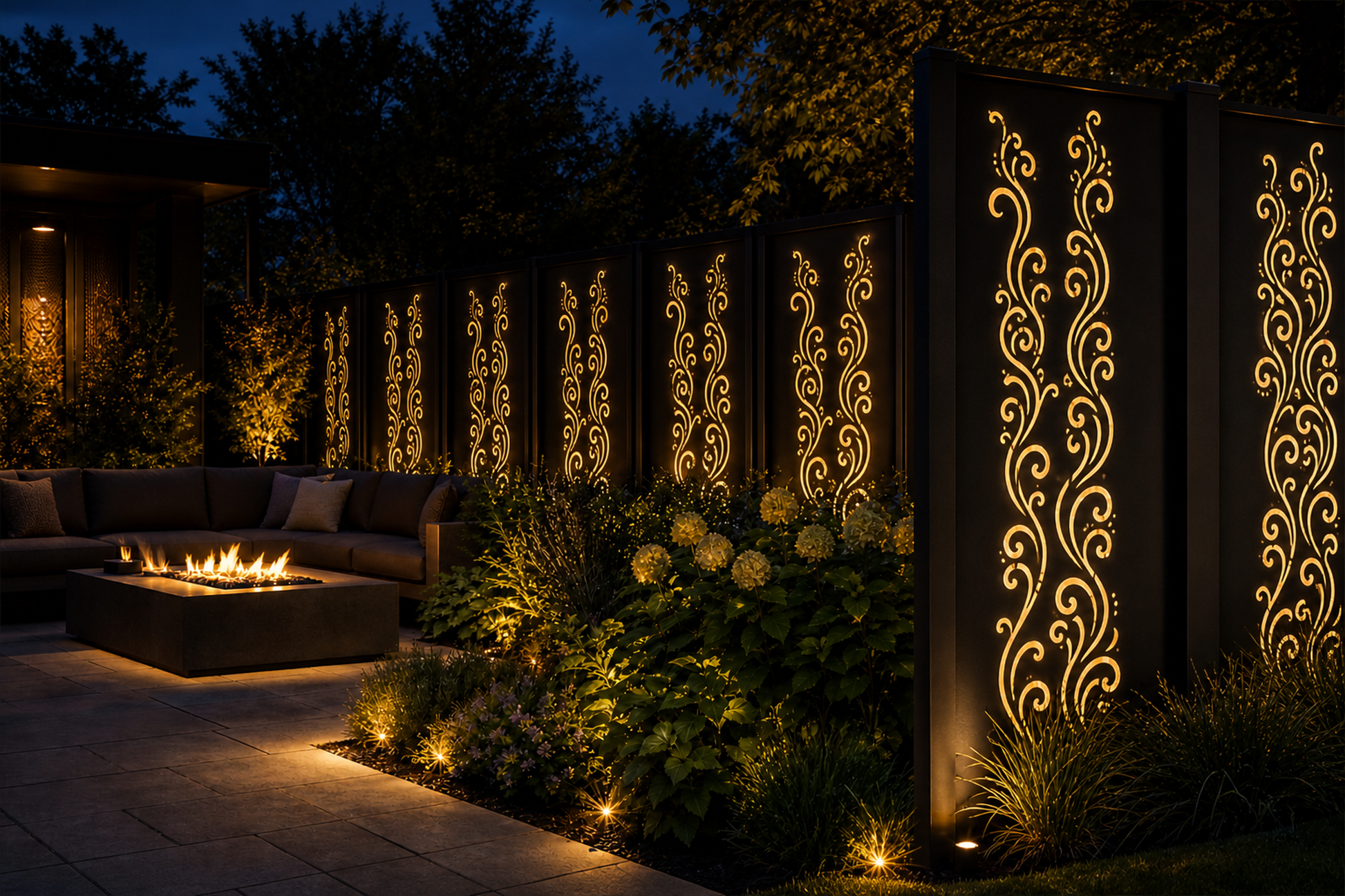 Design 059 Slim Vine Scroll Laser Cut Metal Privacy Screen Panel installed garden night lighting view