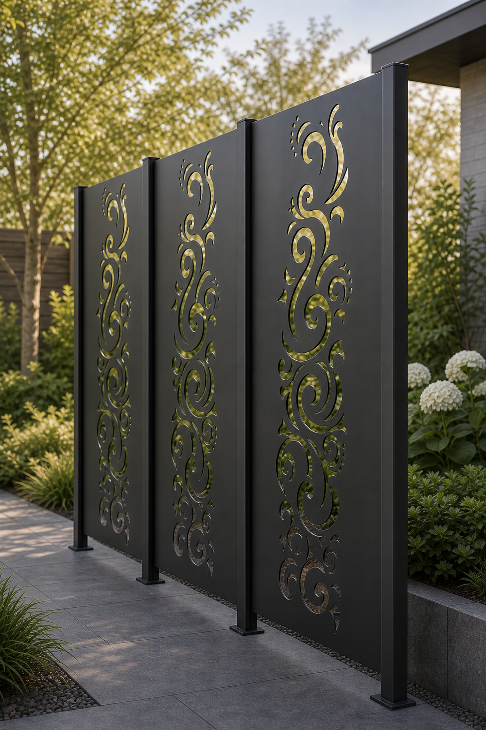 Design 059 Slim Vine Scroll Laser Cut Metal Privacy Screen Panel oblique angle view