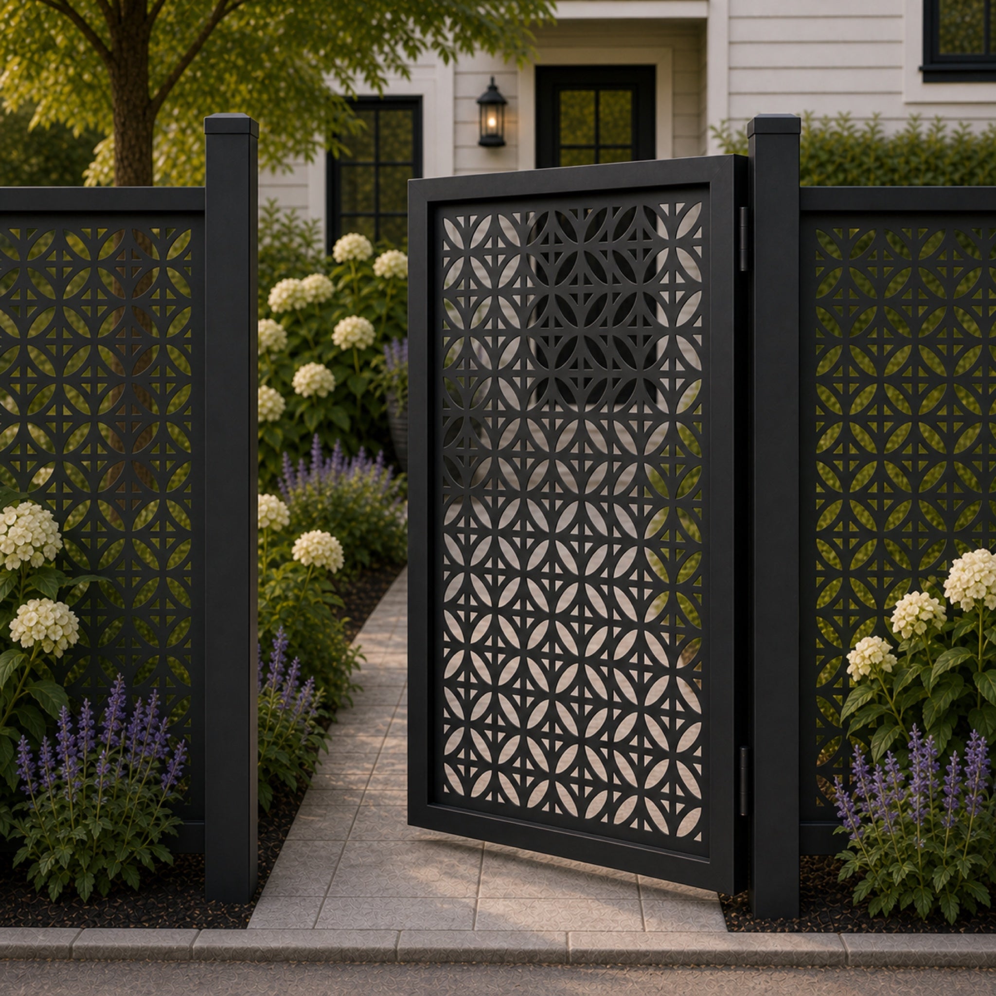 Design 060 four leaf geometric grid black aluminium side gate open view