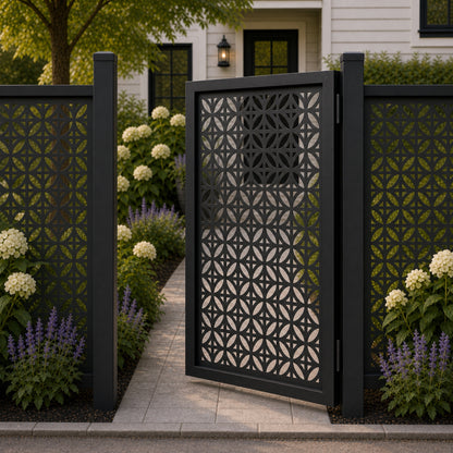 Design 060 four leaf geometric grid black aluminium side gate open view