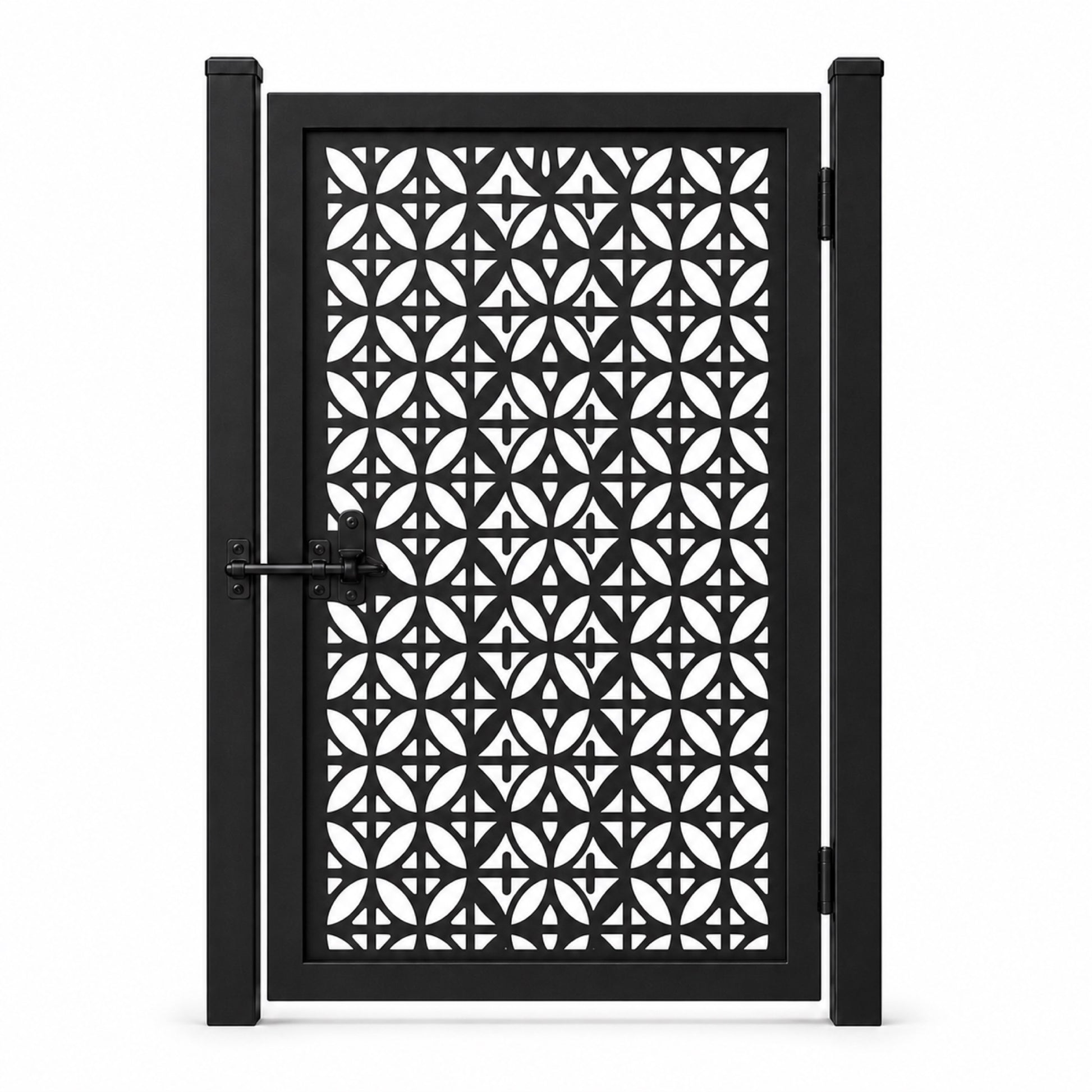 Design 060 four leaf geometric grid black laser cut metal pedestrian gate closed view