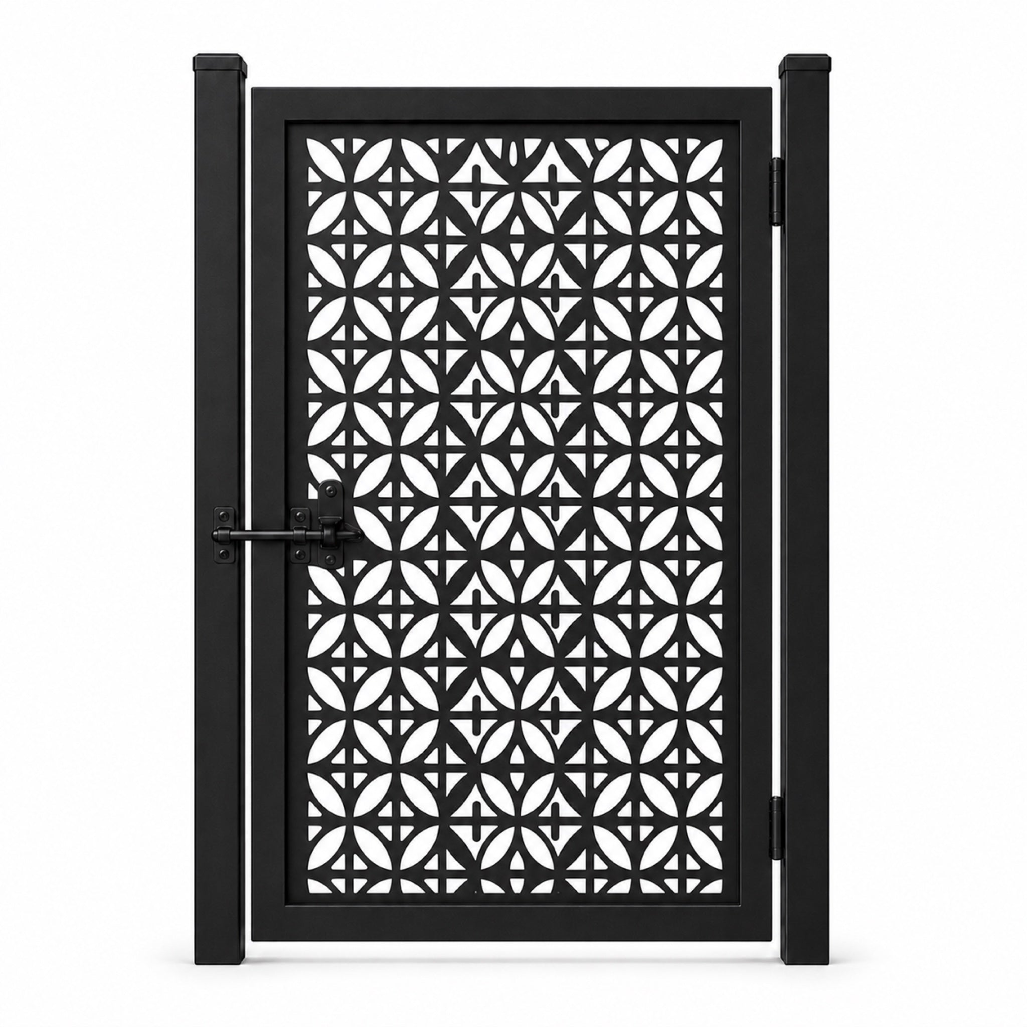 Design 060 four leaf geometric grid black laser cut metal pedestrian gate closed view