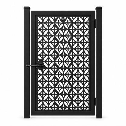 Design 060 four leaf geometric grid black laser cut metal pedestrian gate closed view