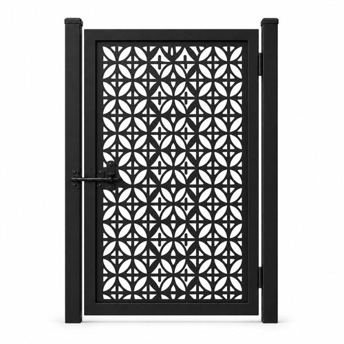 Design 060 four leaf geometric grid black laser cut metal pedestrian gate closed view