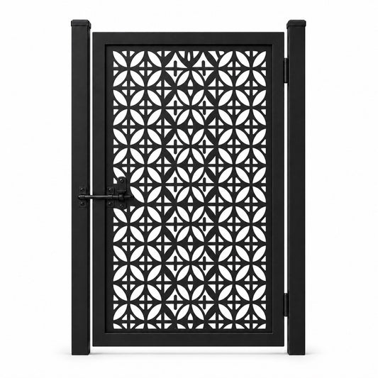 Design 060 four leaf geometric grid black laser cut metal pedestrian gate closed view