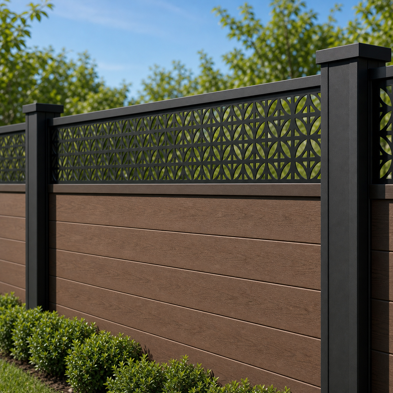 Tiny Triangle Geometric laser cut fence extension panel installed on composite fence, angle view, Design 060