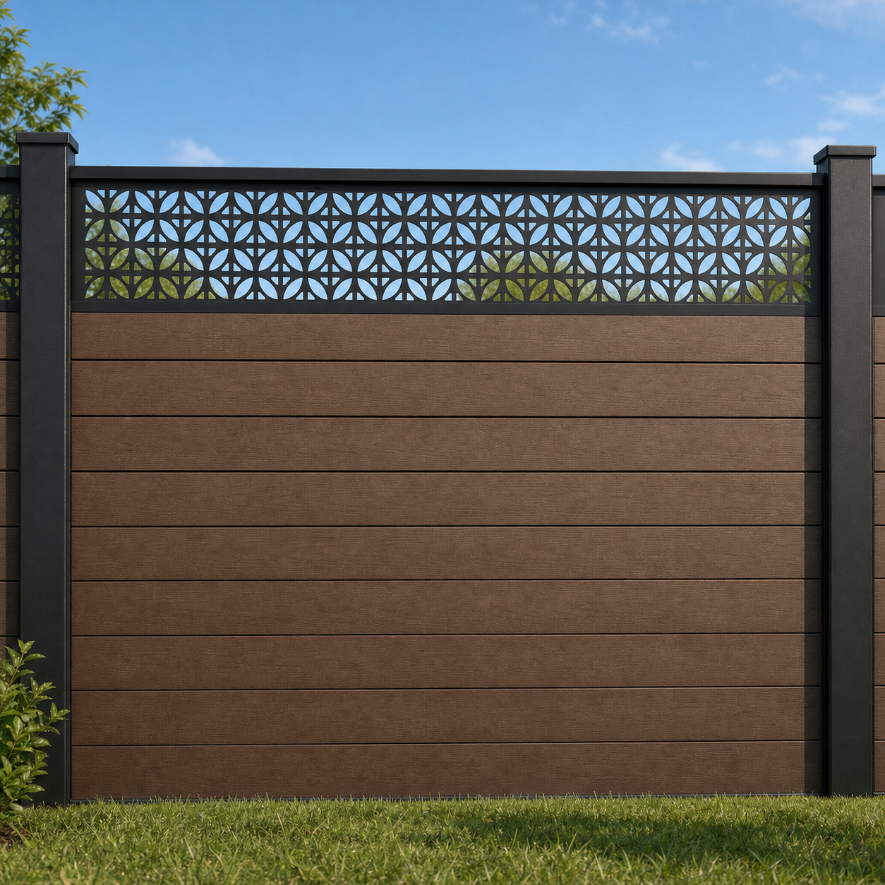 Tiny Triangle Geometric metal fence topper installed above WPC composite privacy fence, front view, Design 060