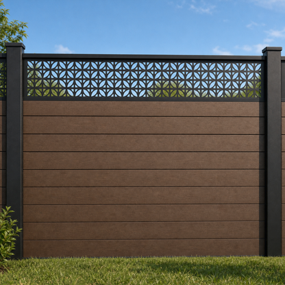 Tiny Triangle Geometric metal fence topper installed above WPC composite privacy fence, front view, Design 060