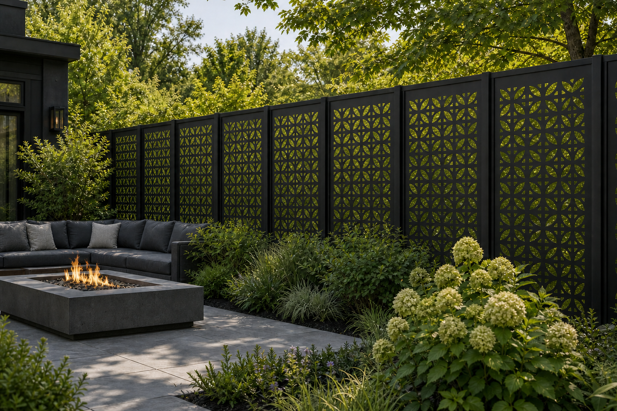 Design 060 Triangle Star Grid Laser Cut Metal Privacy Screen Panel installed garden daylight view