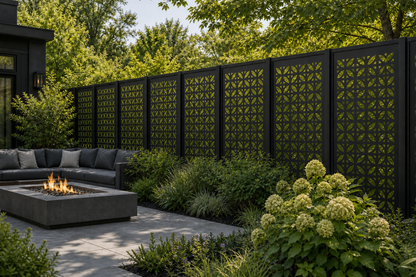 Design 060 Triangle Star Grid Laser Cut Metal Privacy Screen Panel installed garden daylight view
