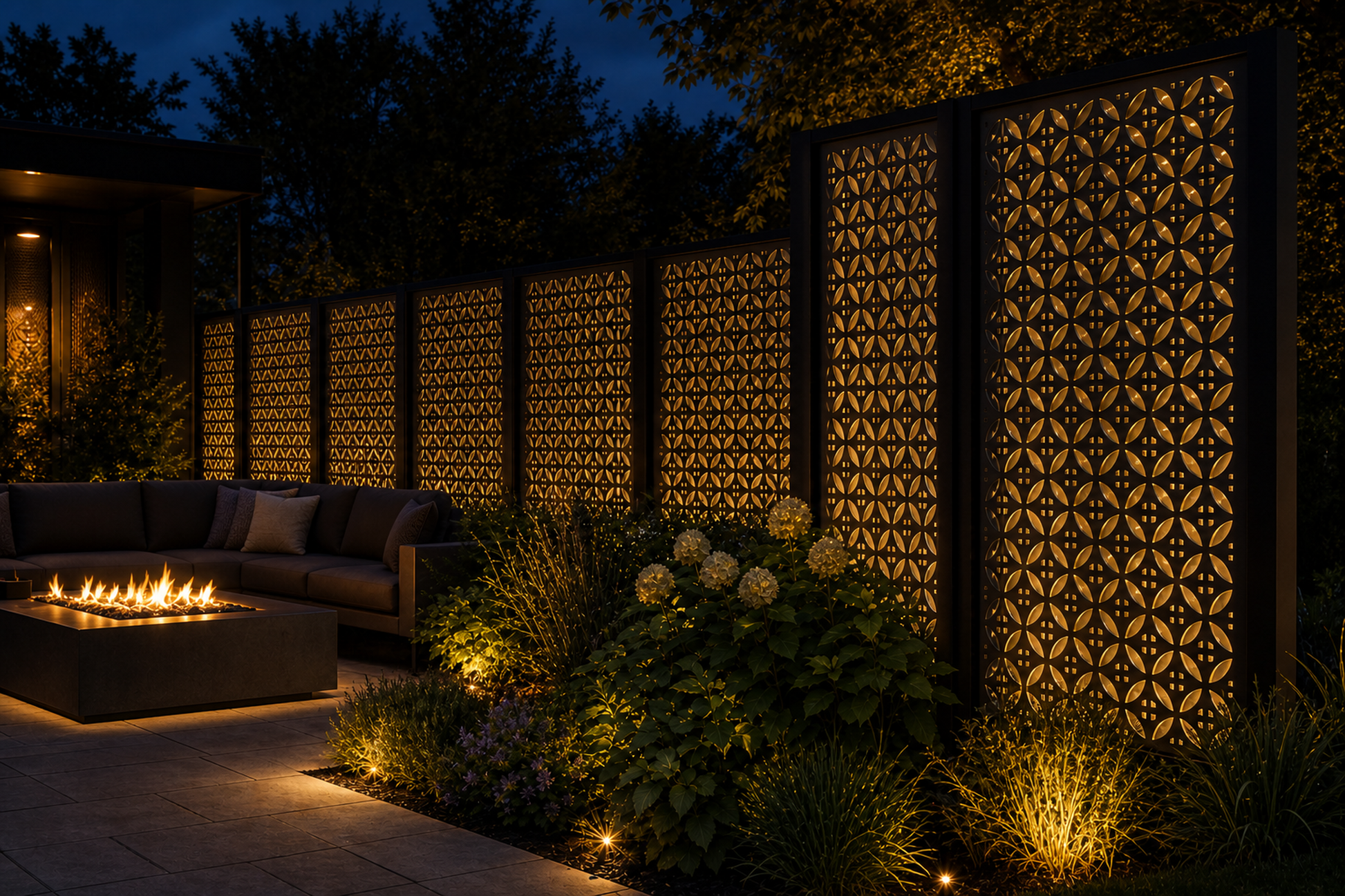 Design 060 Triangle Star Grid Laser Cut Metal Privacy Screen Panel installed garden night lighting view