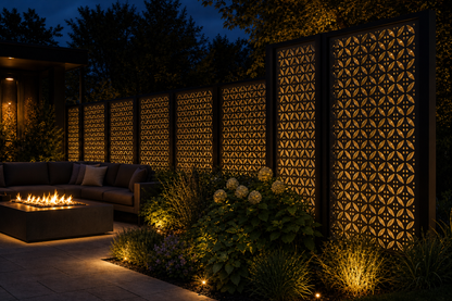Design 060 Triangle Star Grid Laser Cut Metal Privacy Screen Panel installed garden night lighting view