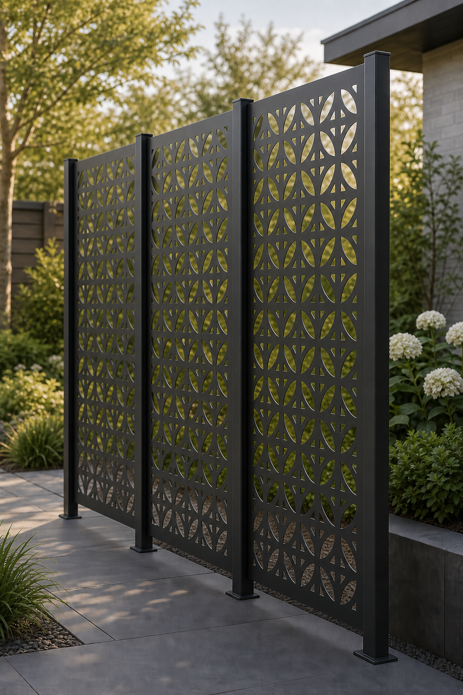 Design 060 Triangle Star Grid Laser Cut Metal Privacy Screen Panel oblique angle view