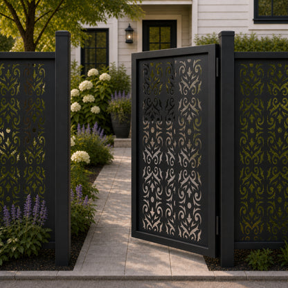 Design 061 arrow heart scrollwork black aluminium side gate open view