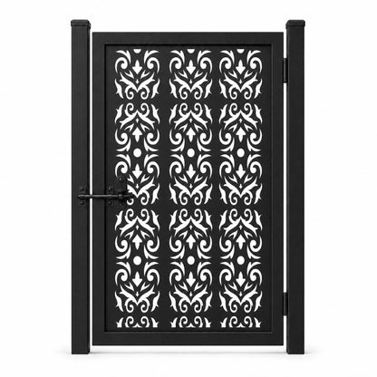 Design 061 arrow heart scrollwork black laser cut metal pedestrian gate closed view