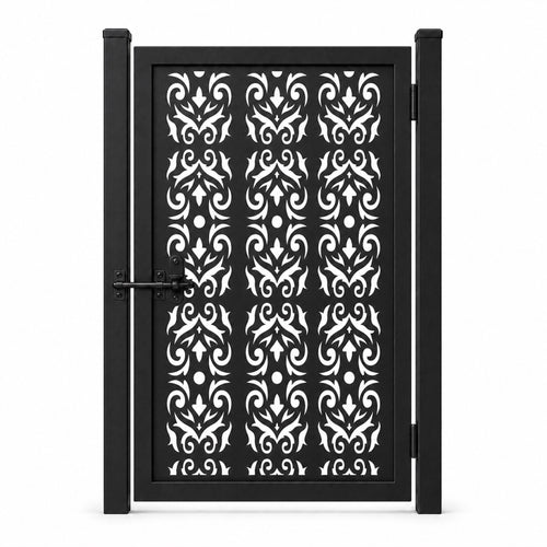 Design 061 arrow heart scrollwork black laser cut metal pedestrian gate closed view