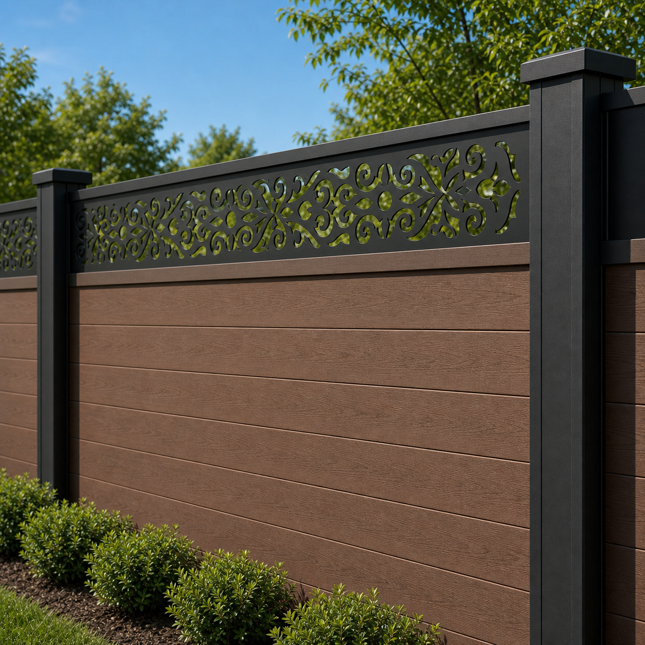Floral Sunburst Scroll laser cut fence extension panel installed on composite fence, angle view, Design 061