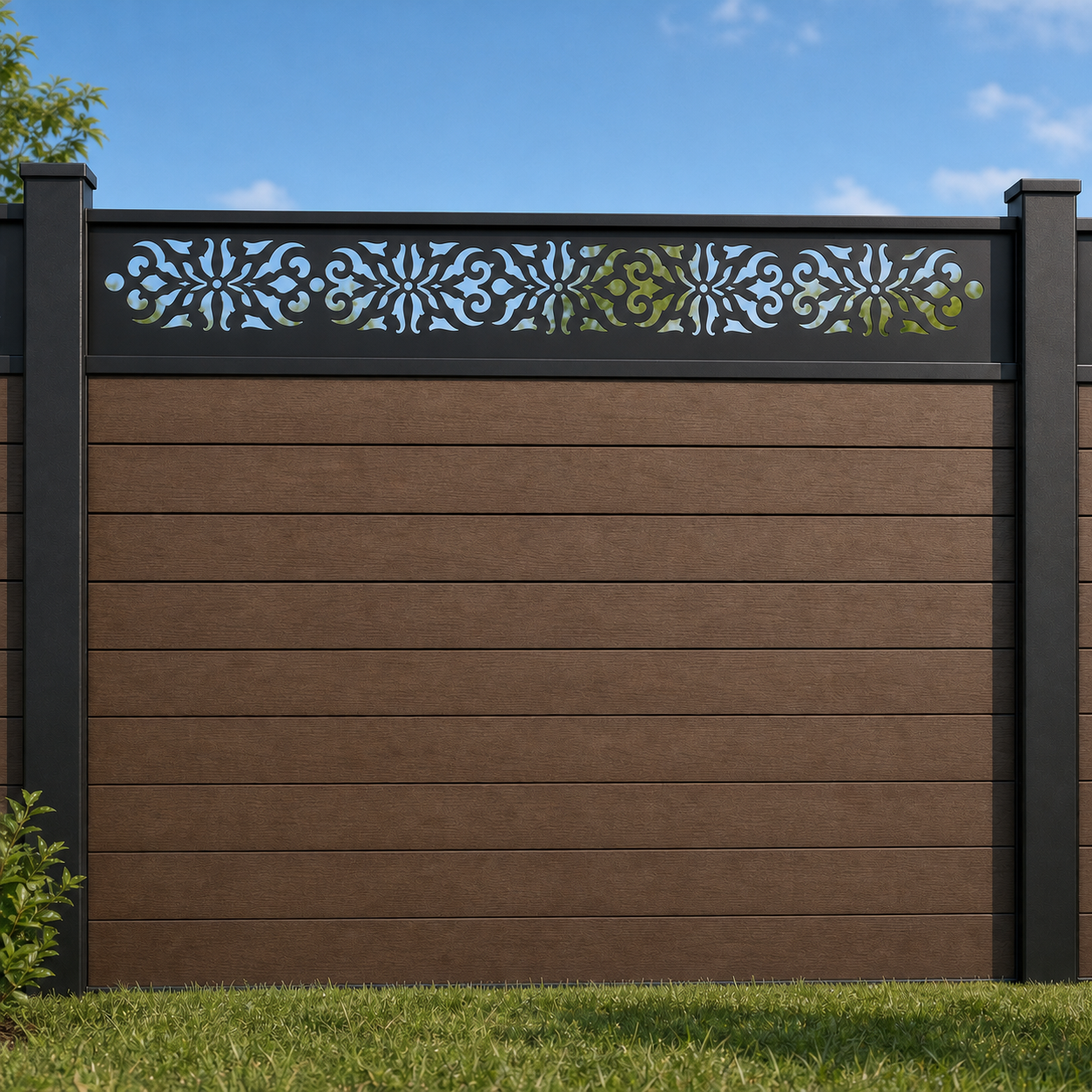 Floral Sunburst Scroll metal fence topper installed above WPC composite privacy fence, front view, Design 061
