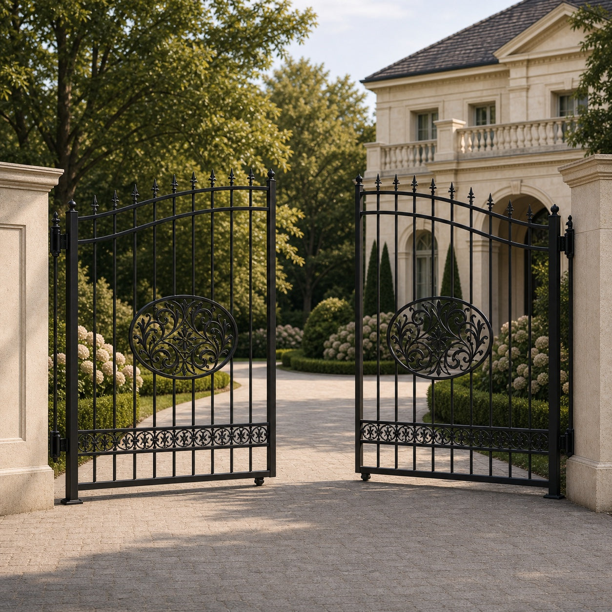 EONE Design 061 heritage style property entry gate shown 30 degrees open for driveway entry view