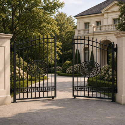 EONE Design 061 heritage style property entry gate shown 30 degrees open for driveway entry view