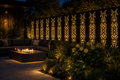Design 061 Slim Damask Vine Laser Cut Metal Privacy Screen Panel installed garden night lighting view
