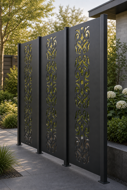 Design 061 Slim Damask Vine Laser Cut Metal Privacy Screen Panel oblique angle view