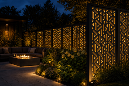 Design 062 Broken Geometric Laser Cut Metal Privacy Screen Panel installed garden night lighting view