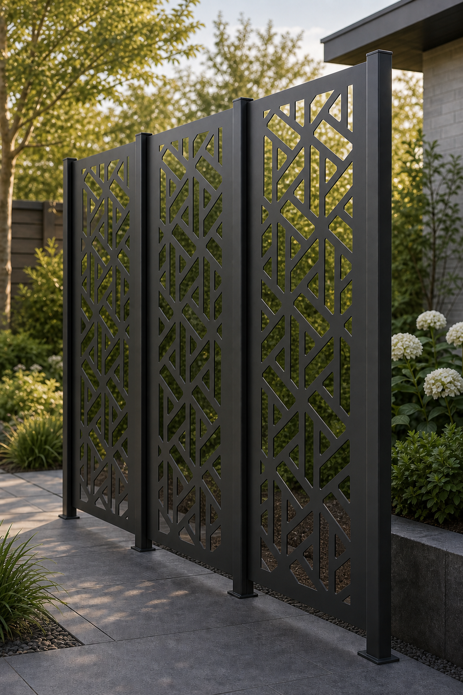 Design 062 Broken Geometric Laser Cut Metal Privacy Screen Panel oblique angle view