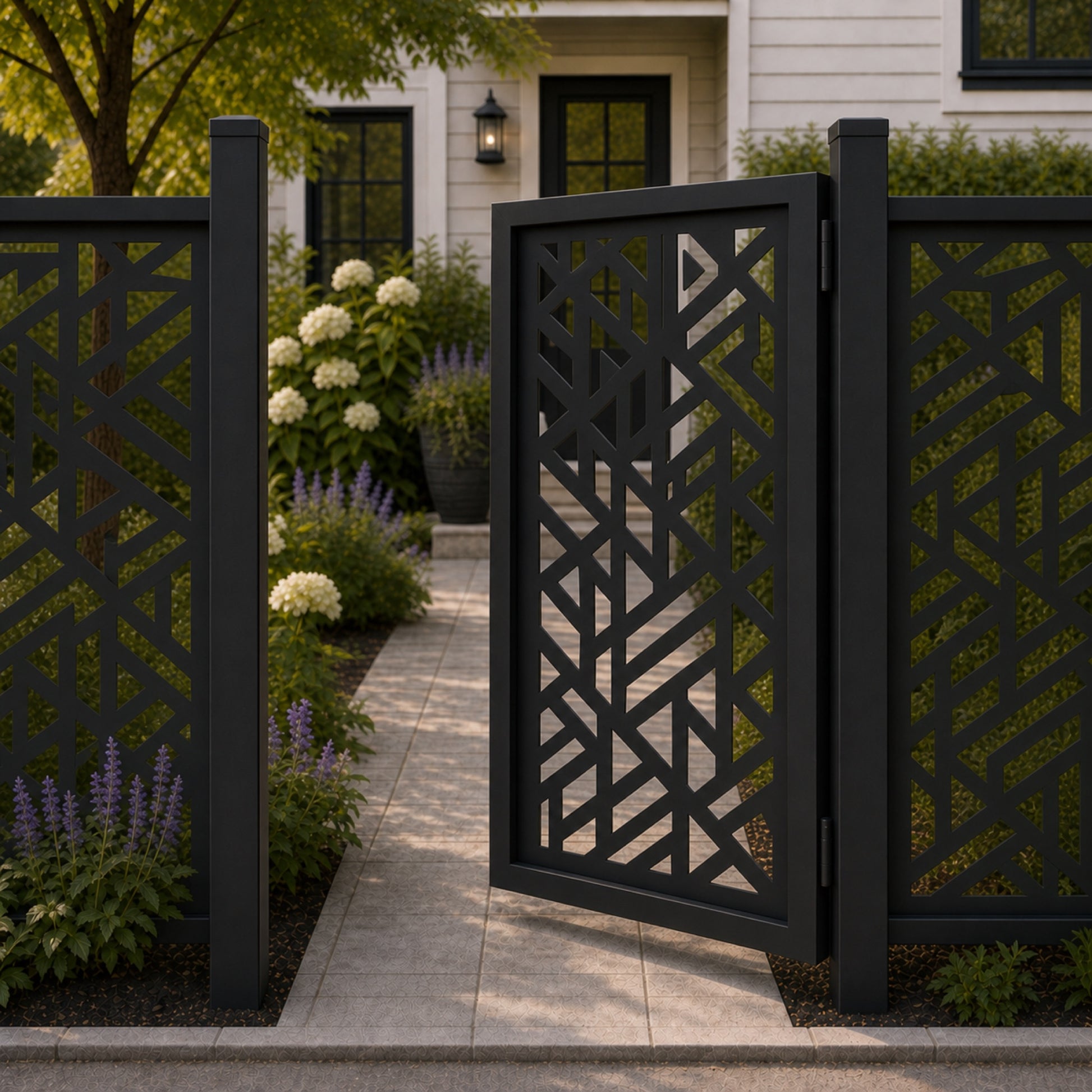 Design 062 diagonal geometric block black aluminium side gate open view