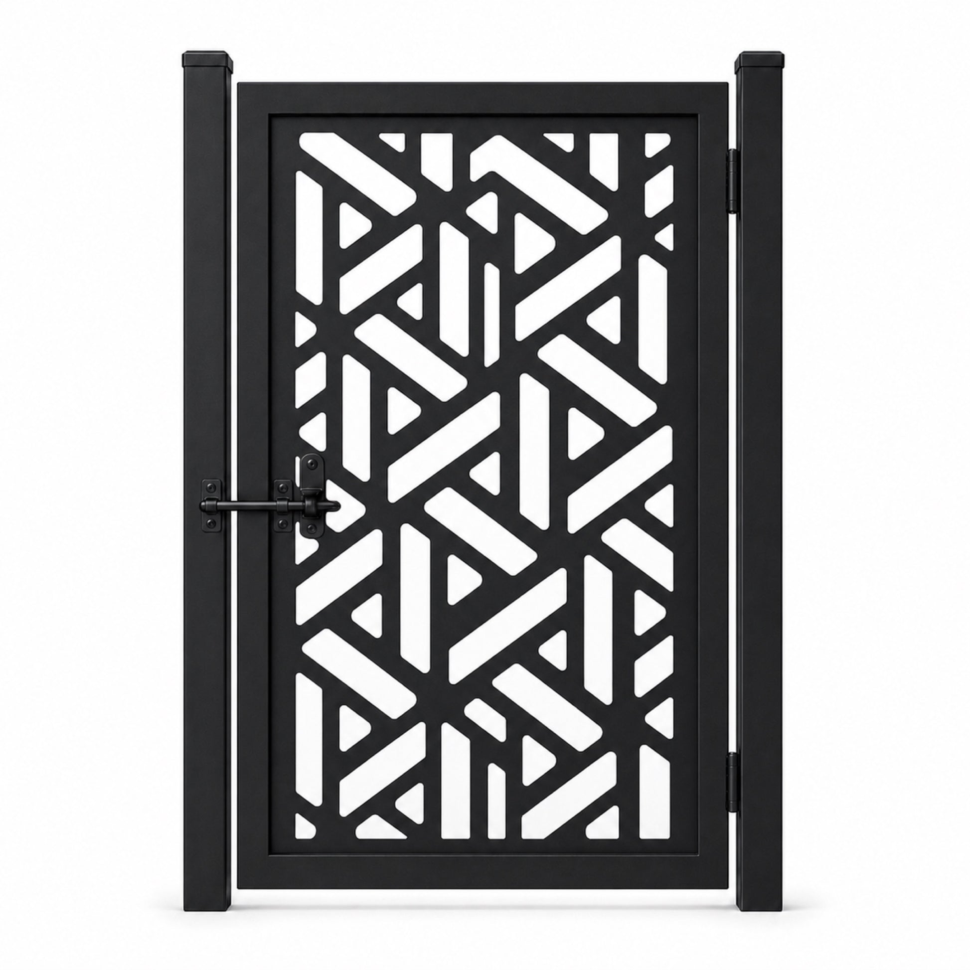 Design 062 diagonal geometric block black laser cut metal pedestrian gate closed view