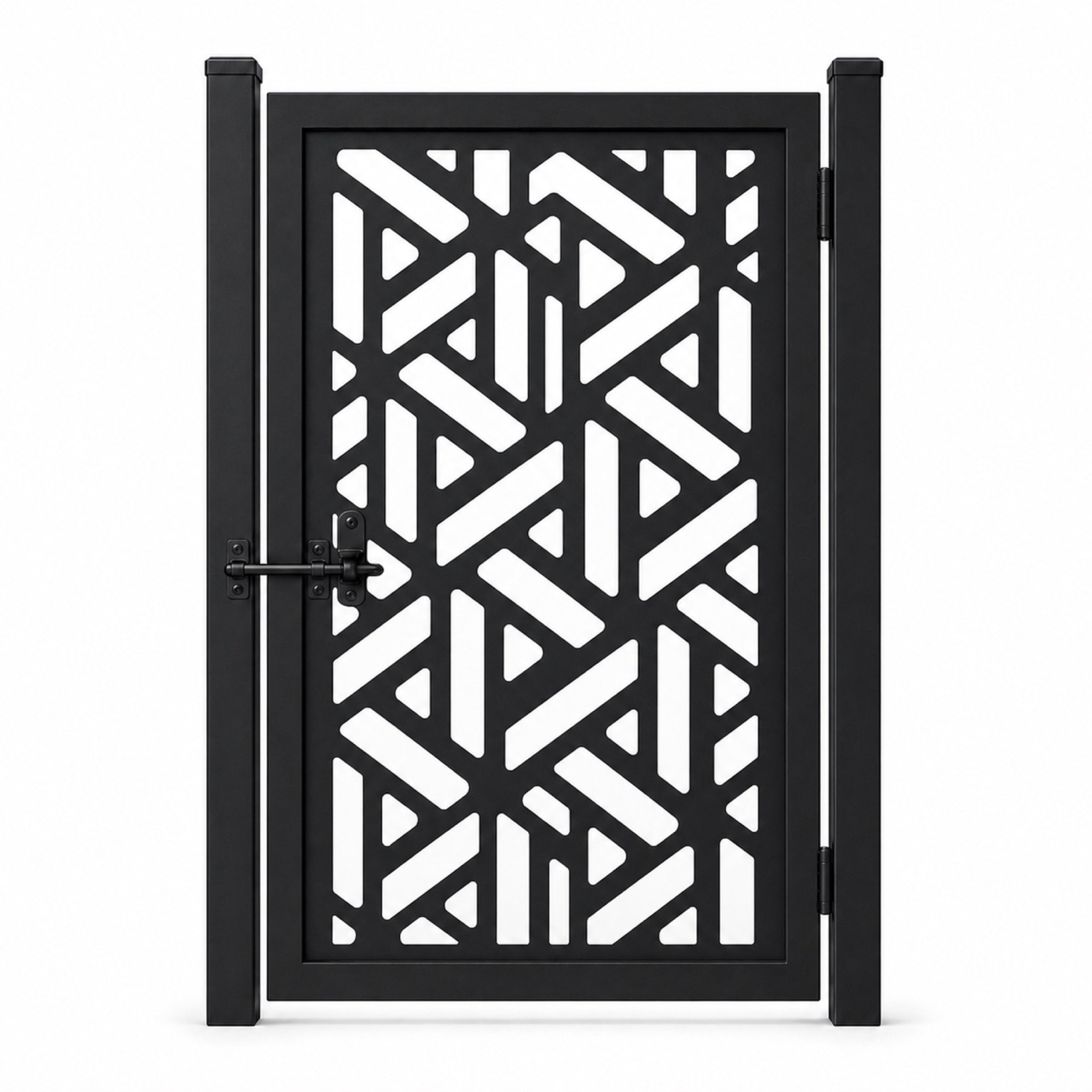 Design 062 diagonal geometric block black laser cut metal pedestrian gate closed view