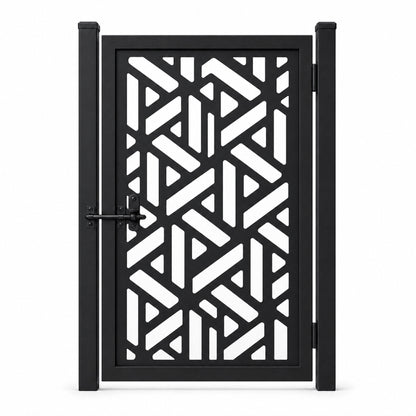 Design 062 diagonal geometric block black laser cut metal pedestrian gate closed view