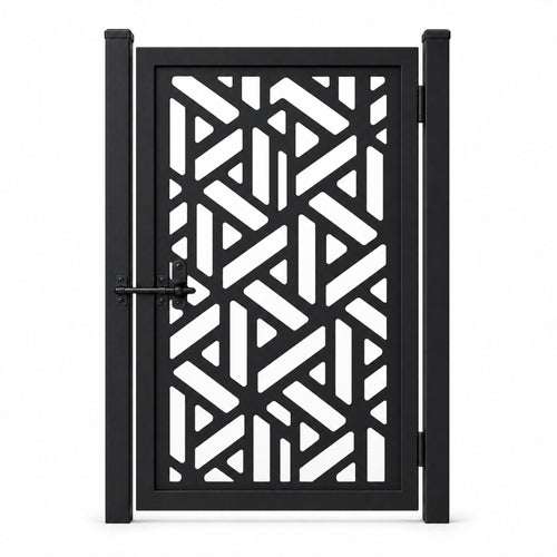 Design 062 diagonal geometric block black laser cut metal pedestrian gate closed view