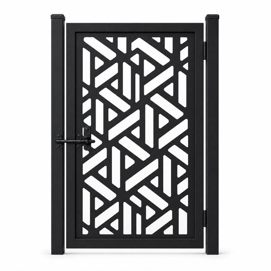 Design 062 diagonal geometric block black laser cut metal pedestrian gate closed view