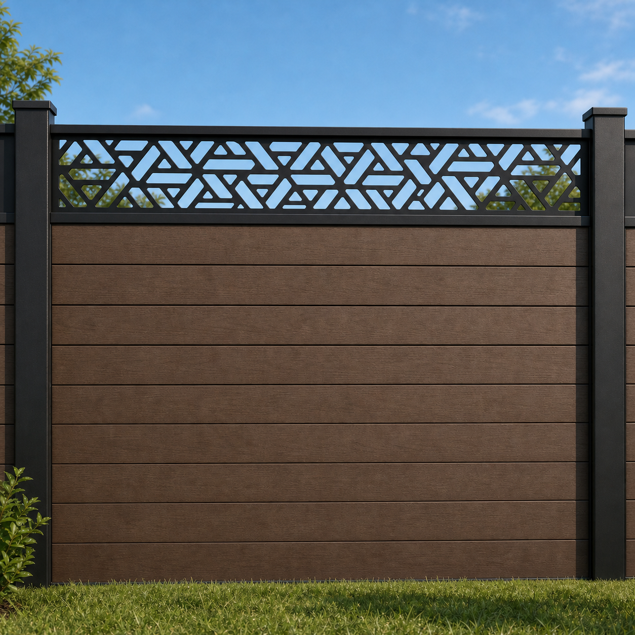 Tribal Triangle Band metal fence topper installed above WPC composite privacy fence, front view, Design 062