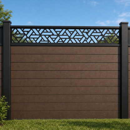 Tribal Triangle Band metal fence topper installed above WPC composite privacy fence, front view, Design 062