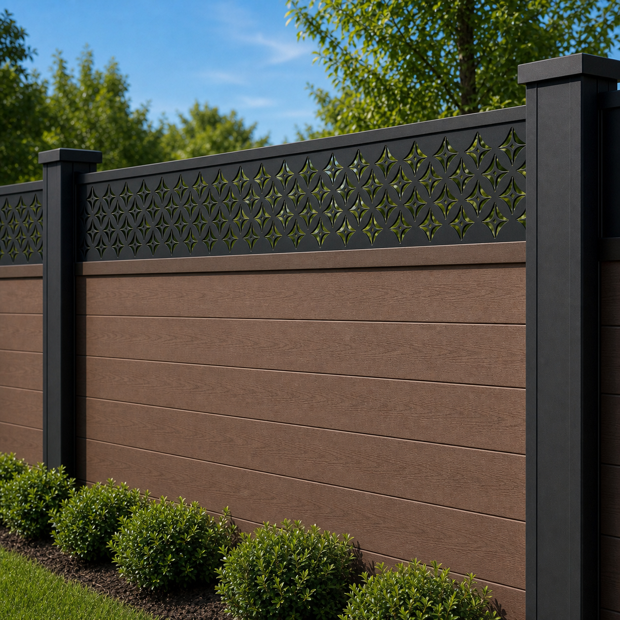 Dark Diamond Mesh laser cut fence extension panel installed on composite fence, angle view, Design 063